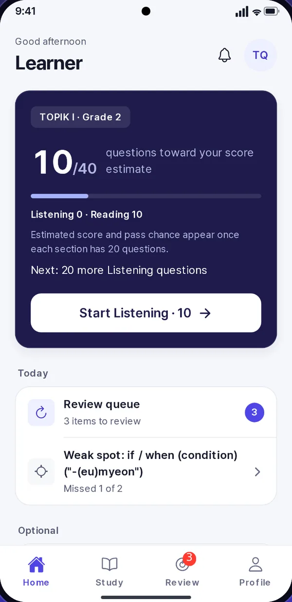 Home screen: 10 of 40 questions toward a score estimate, with a button to start the next listening session