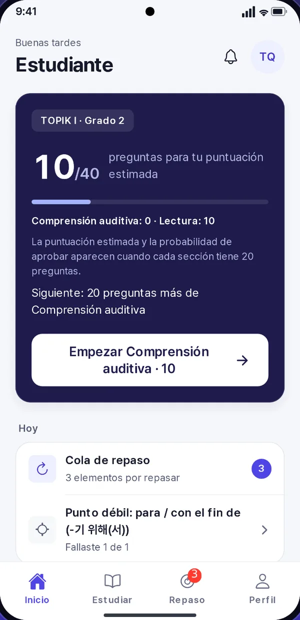Pantalla de Inicio: 10 de 40 preguntas hacia una estimación de puntuación, con un botón para empezar la siguiente sesión de comprensión oral