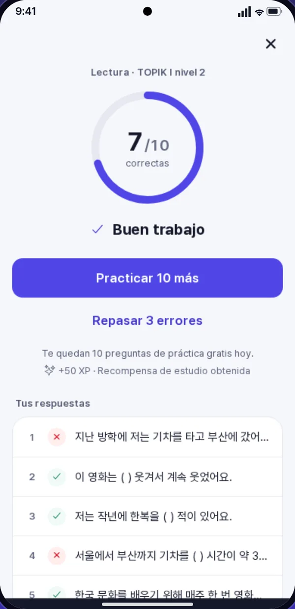 Pantalla de resultados con 7 de 10 correctas y una lista de respuestas marcadas como correctas o incorrectas