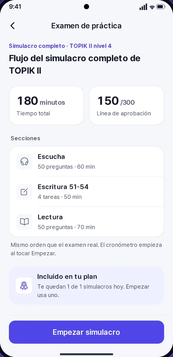 Pantalla de simulacro de un TOPIK II completo, con las secciones de comprensión oral, escritura y lectura y sus límites de tiempo