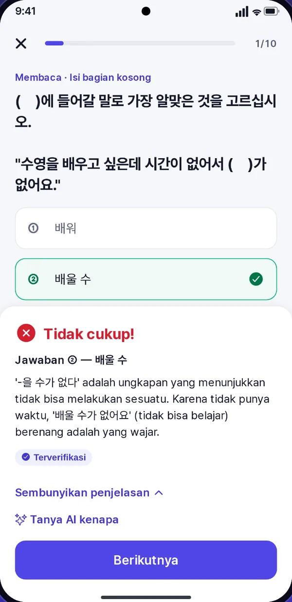Layar kuis TopikIQ: soal yang salah ditandai, dan penjelasannya muncul di bawahnya dalam bahasa Indonesia