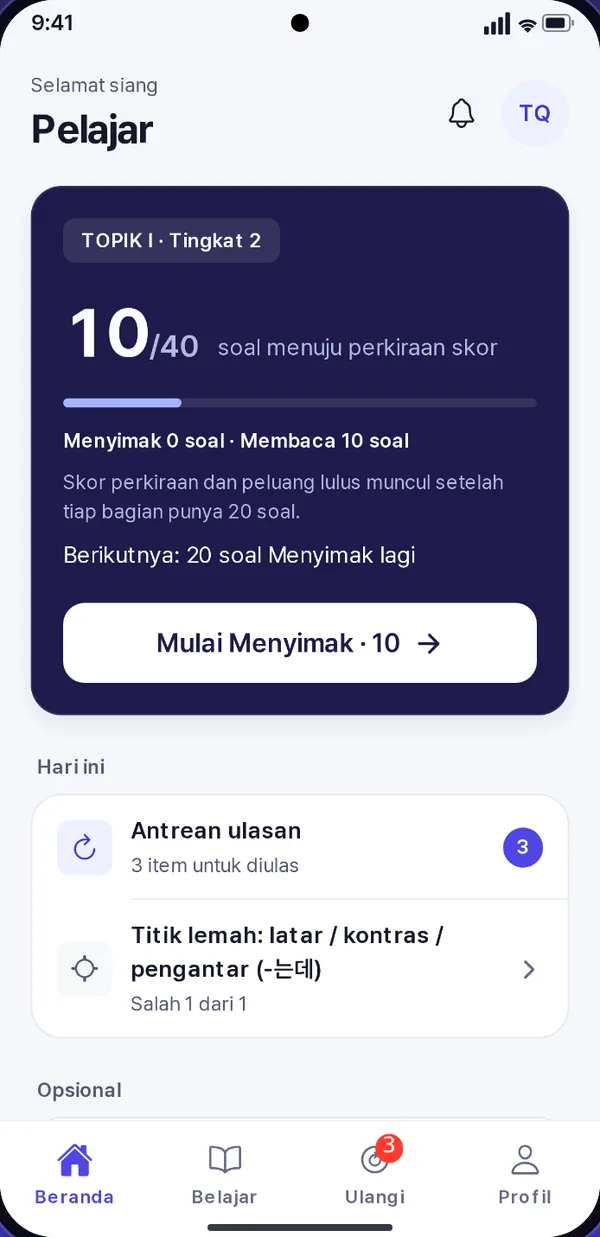 Layar Beranda: 10 dari 40 soal menuju perkiraan skor, dengan tombol untuk memulai sesi mendengarkan berikutnya