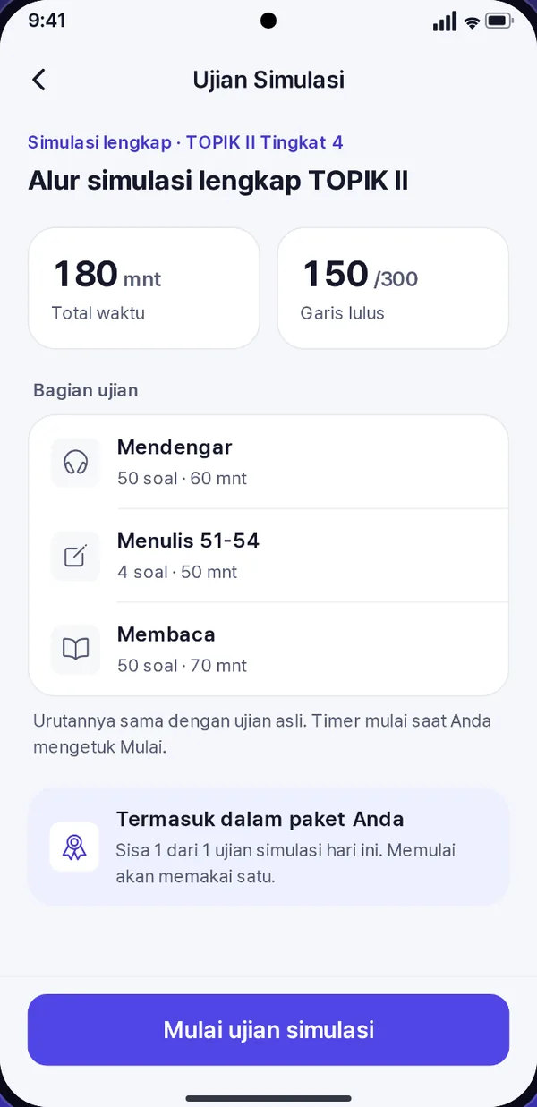 Layar ujian simulasi untuk tes TOPIK II lengkap, menampilkan bagian mendengarkan, menulis, dan membaca dengan batas waktunya