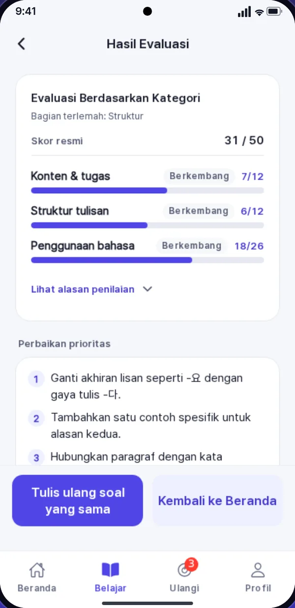 Contoh umpan balik menulis untuk soal 54 TOPIK II, dengan skor untuk isi, struktur, dan penggunaan bahasa