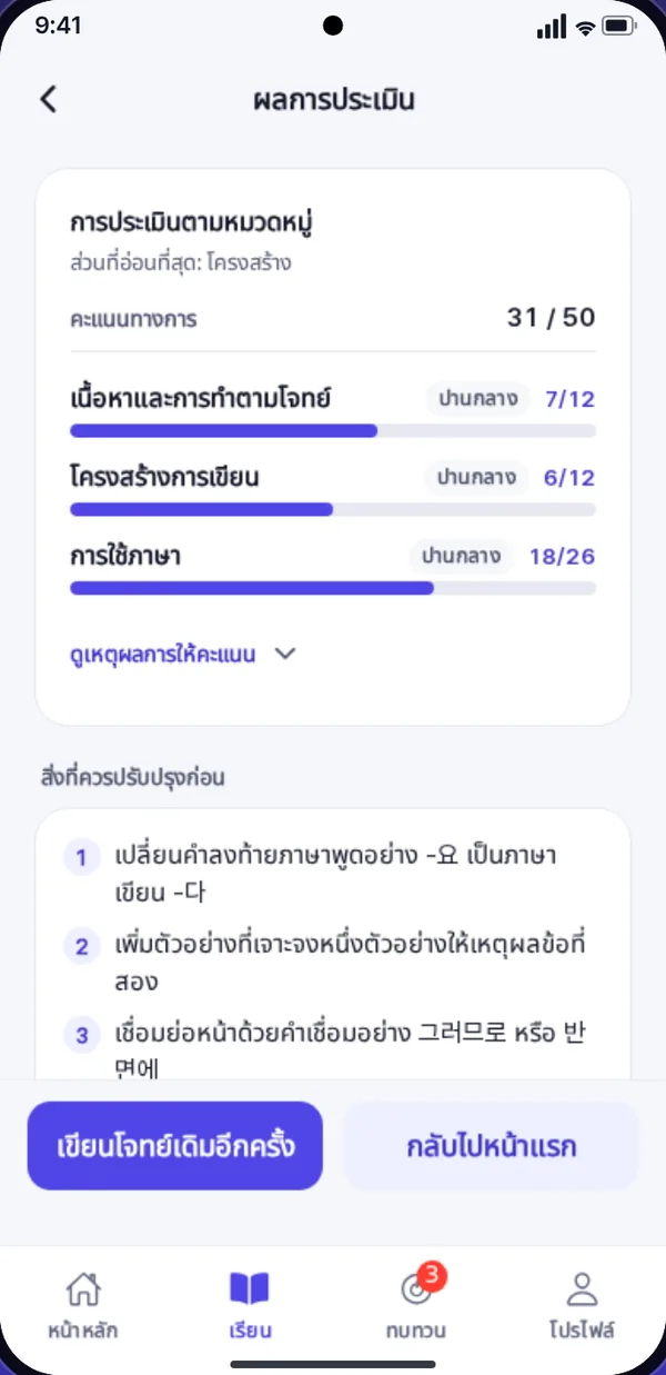 ตัวอย่างฟีดแบ็กการเขียนข้อ 54 ของ TOPIK II พร้อมคะแนนด้านเนื้อหา การจัดโครงสร้าง และการใช้ภาษา