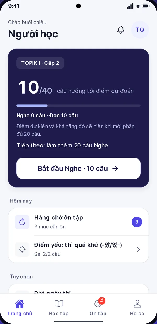 Màn hình Home: đã làm 10 trong 40 câu để có ước tính điểm, có nút bắt đầu phiên nghe tiếp theo