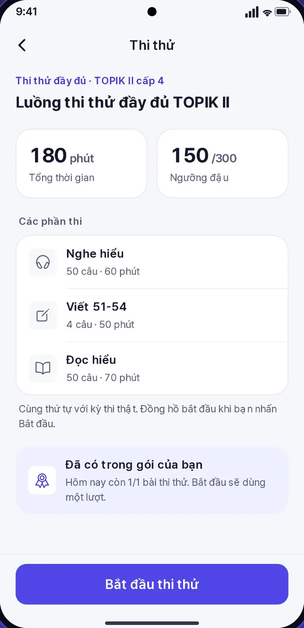 Màn hình thi thử TOPIK II đầy đủ, liệt kê các phần nghe, viết và đọc kèm giới hạn thời gian